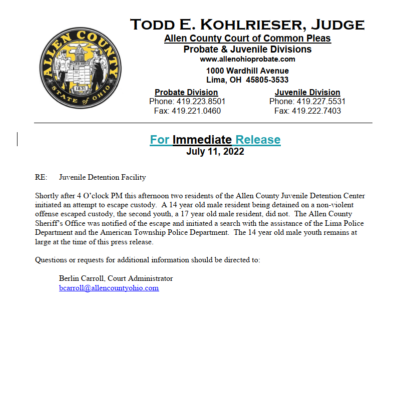 Juvenile Escape Press Release